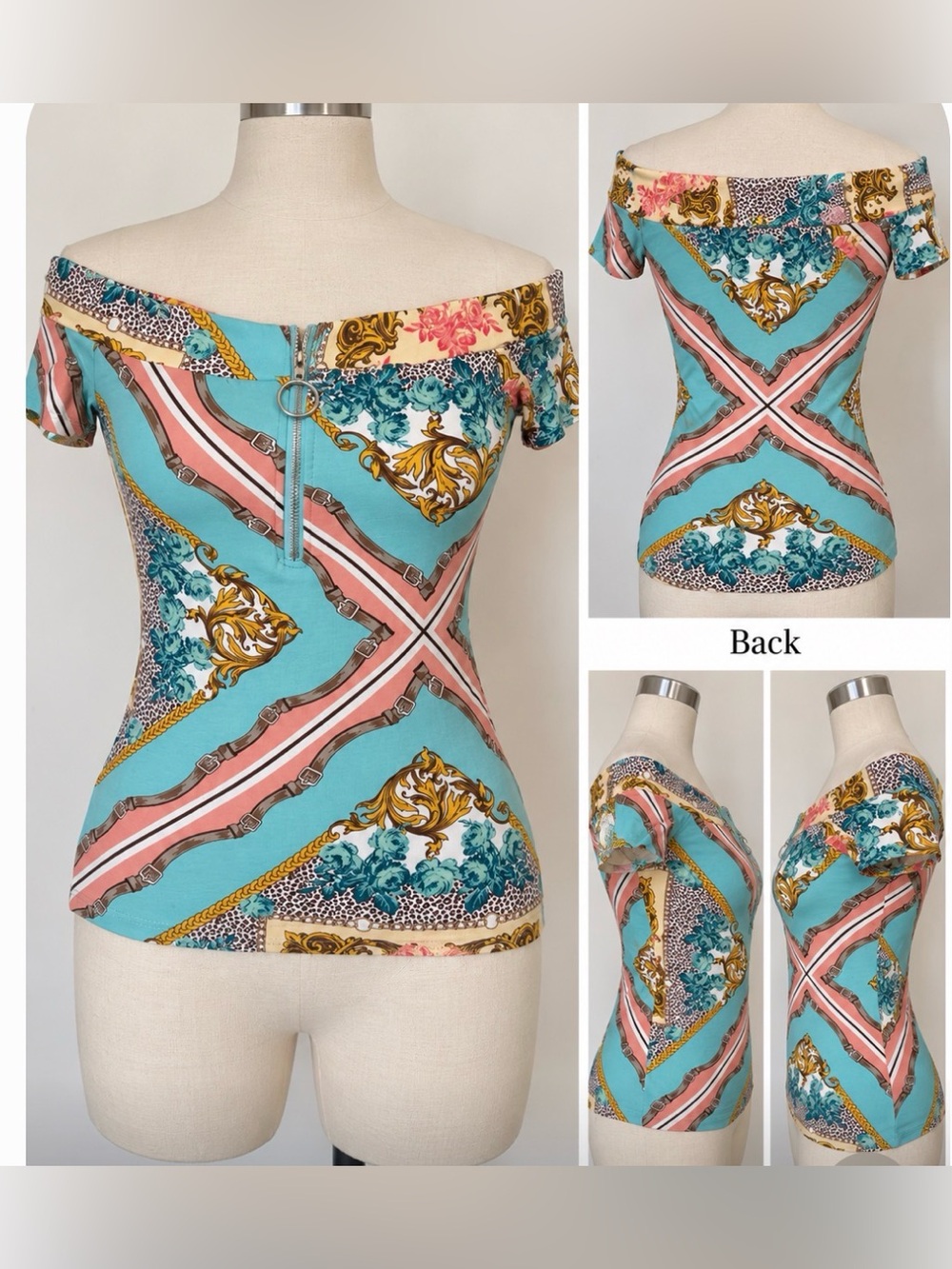 Guess Y2K Off-Shoulder Floral Print Top in Aqua and Pink Sz small fits like xs